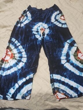 EARTHBOUND Navy Blue Velvet Wide-Leg Pants with White Rings